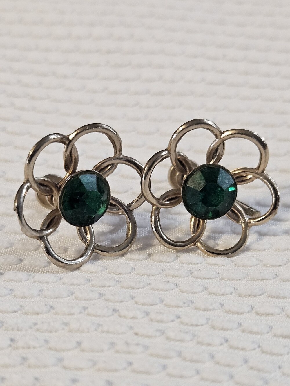 Vintage MCM Silver-toned Flower Earrings Screw-back Green Rhinestones